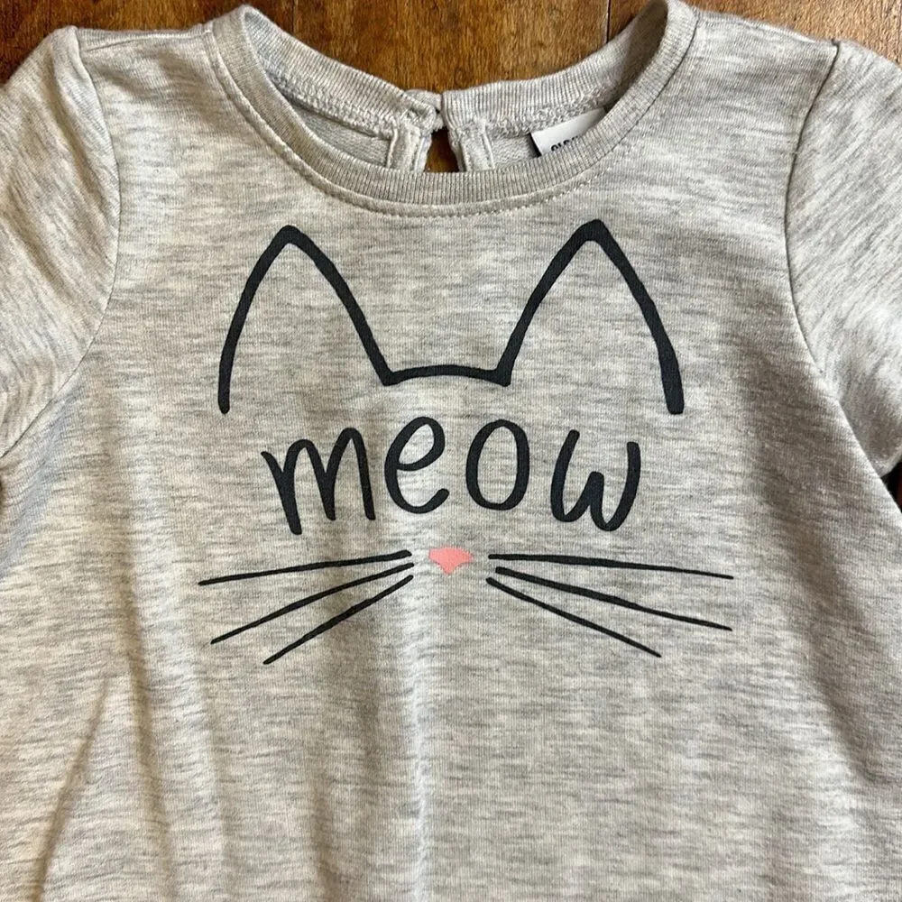 Old Navy dress 6 to 12 months long sleeve gray cat meow ruffle baby girl